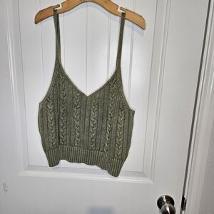 American Eagle AE Olive Green Cable Knit Cropped Sweater Tank Top Large
